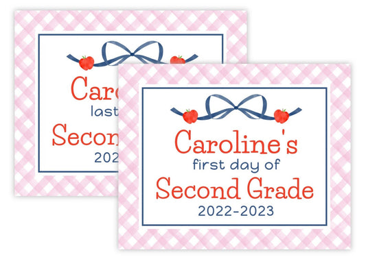 Personalized First & Last Day of School Sign | Double-Sided Photo Prop | Apple Bow (Pink)