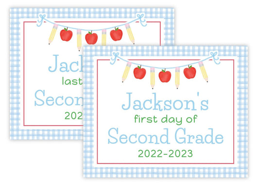 Personalized First & Last Day of School Sign | Double-Sided Photo Prop | Apple Banner (Blue)