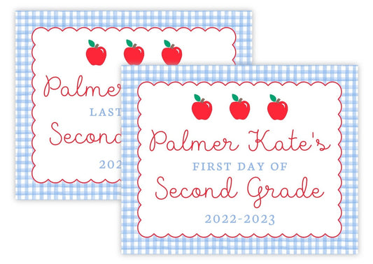 Personalized First & Last Day of School Sign | Double-Sided Photo Prop | Apples (Blue)