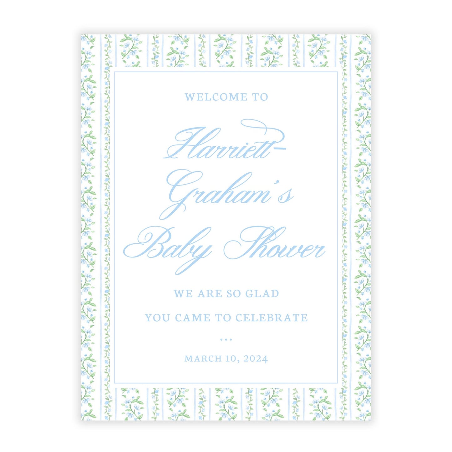Blue Floral Toile Baby Shower Welcome Sign PDF File