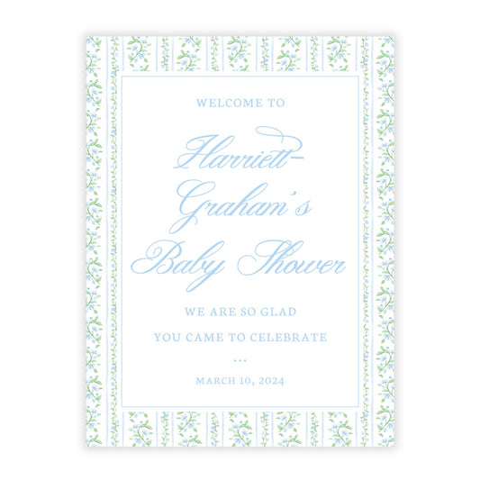 Blue Floral Toile Baby Shower Welcome Sign PDF File