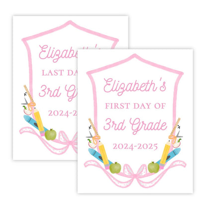PRINTABLE First and Last Day of School Sign - School Supply Crest (Pink)
