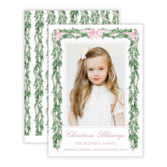 Christmas Photo Card - Big Bow Garland, Pink (Portrait)