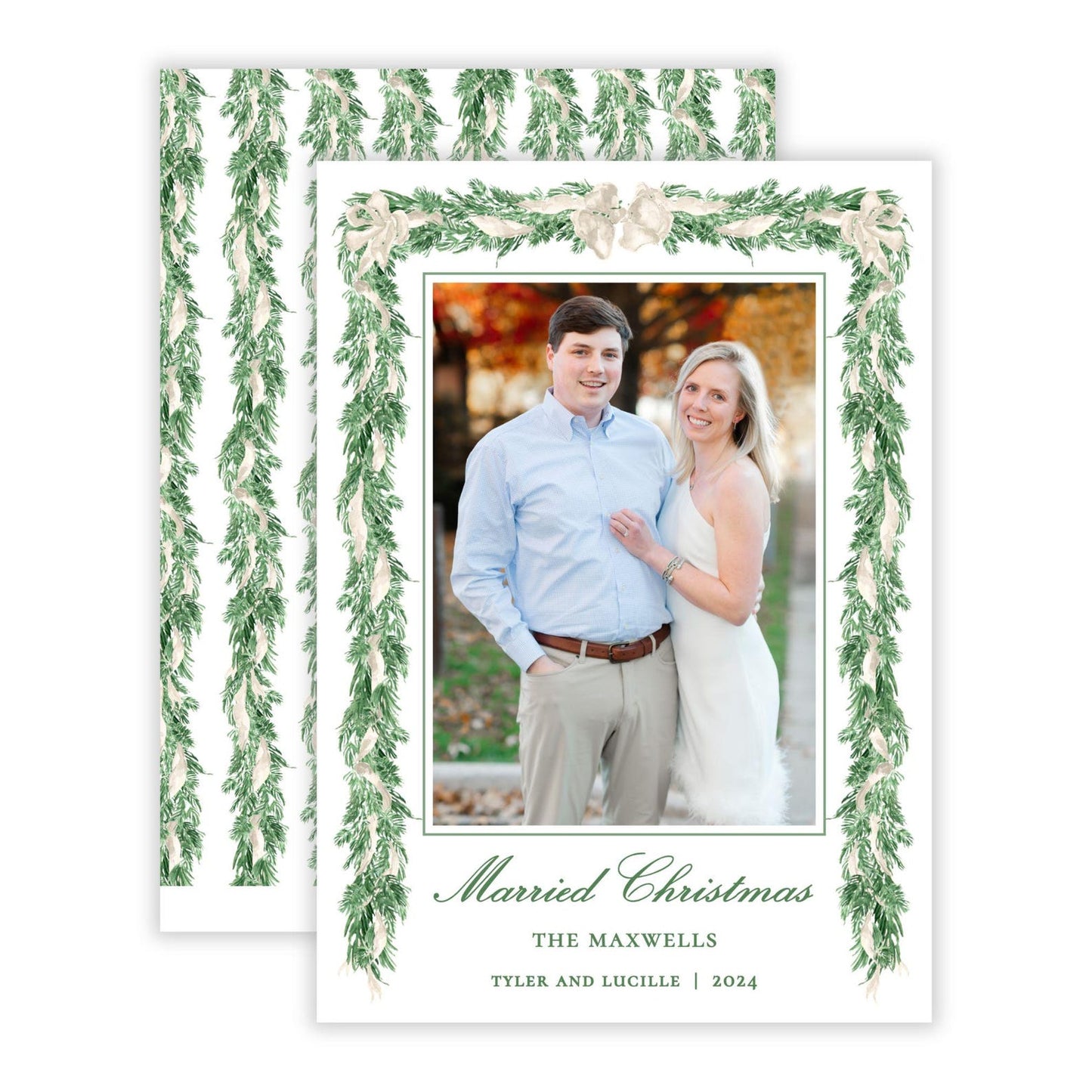 Christmas Photo Card - Big Bow Garland, Ivory (Portrait)