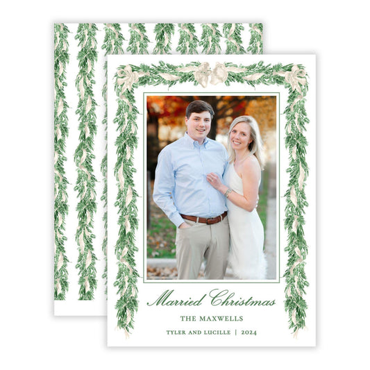 Christmas Photo Card - Big Bow Garland, Ivory (Portrait)