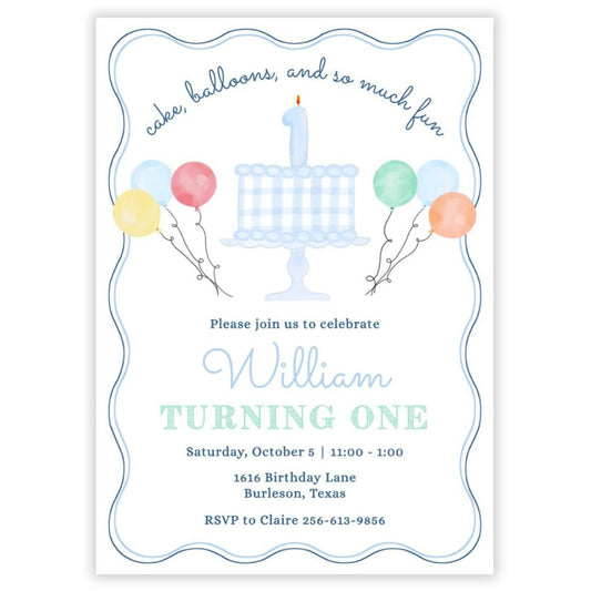 Gingham Cake First Birthday Invitations, Blue