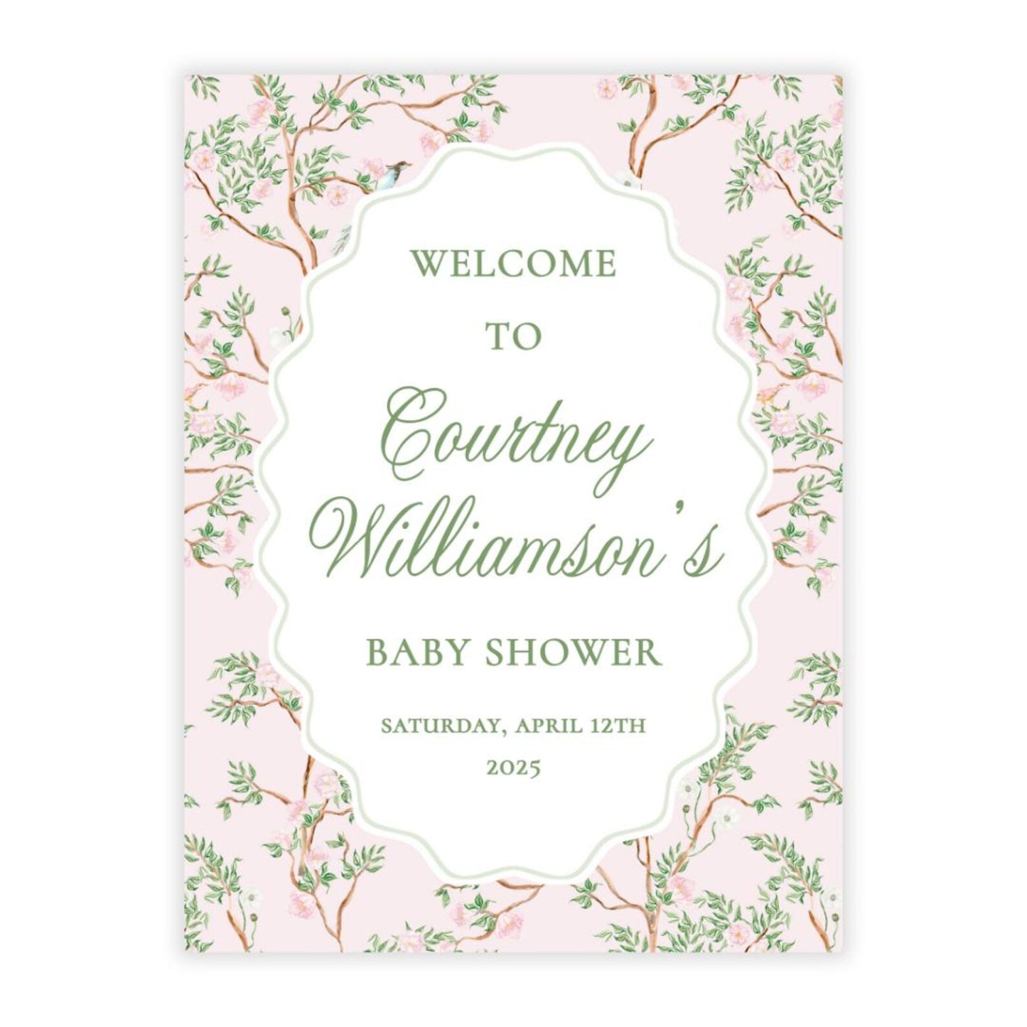 Spring Chinoiserie Baby Shower Welcome Sign PDF File (Pink)