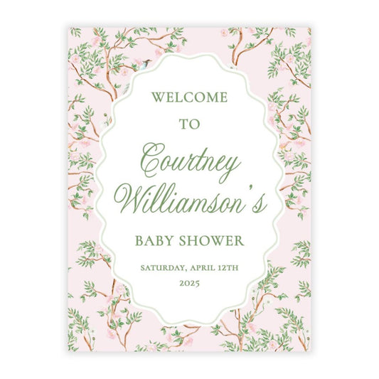 Spring Chinoiserie Baby Shower Welcome Sign PDF File (Pink)