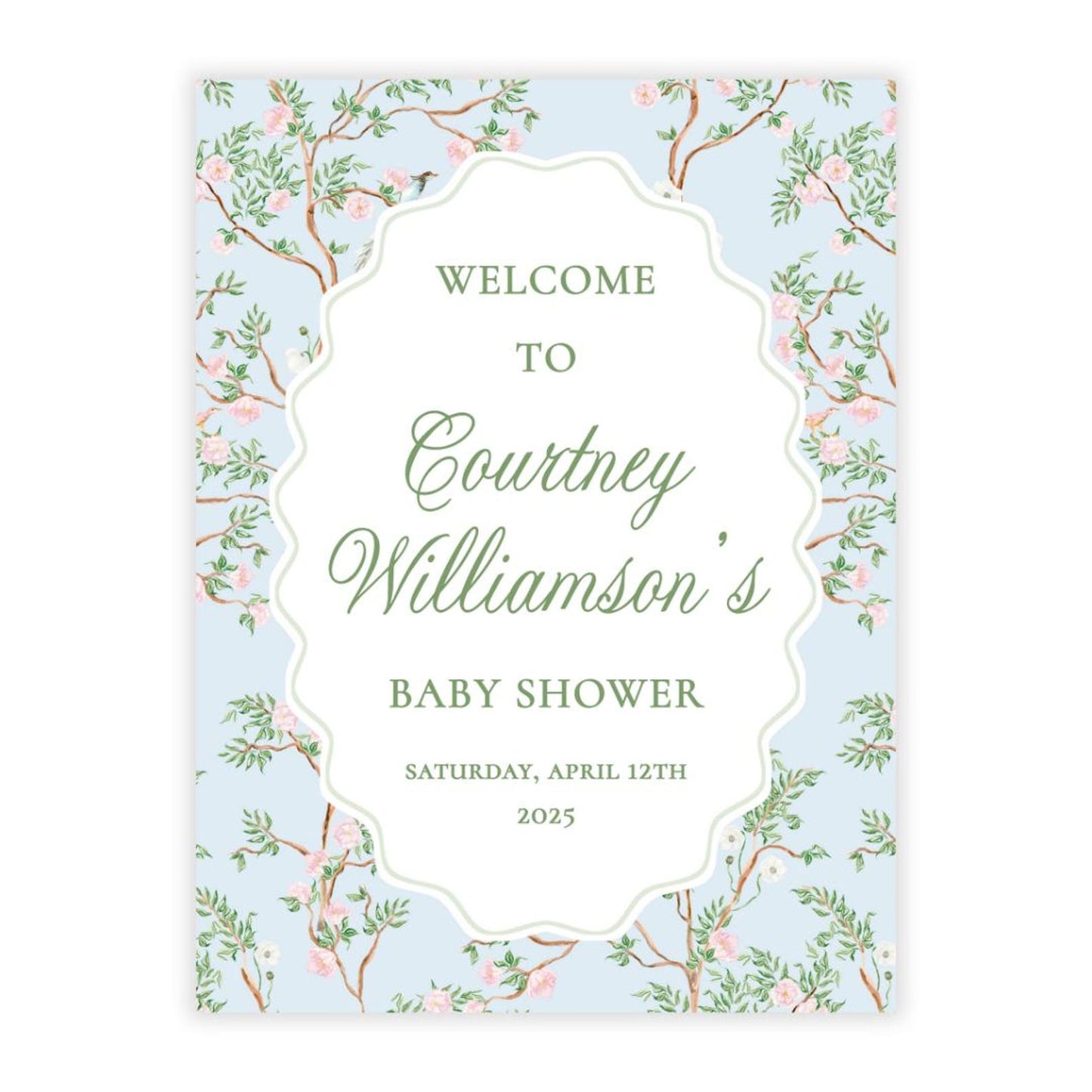 Spring Chinoiserie Baby Shower Welcome Sign PDF File (Blue)