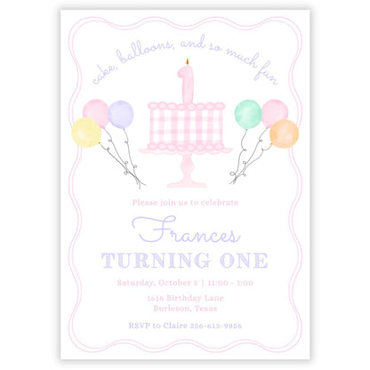 Gingham Cake First Birthday Invitations, Pink