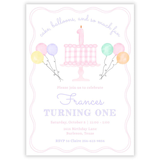 Gingham Cake First Birthday Invitations, Pink