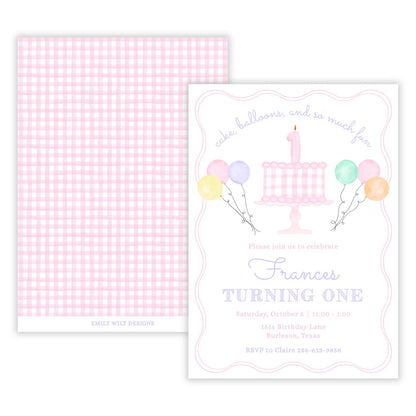 Gingham Cake First Birthday Invitations, Pink