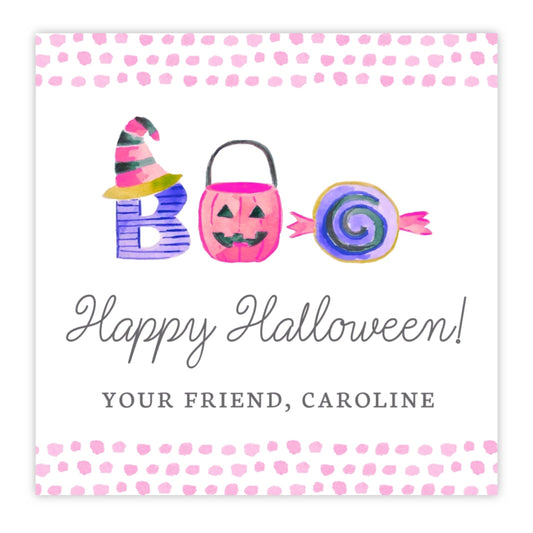 A square pink gift tag with 'Happy Halloween!' text, decorated with a watercolor design that includes a pumpkin, a bat, and the word 'BOO!' Additionally, the tag can be personalized with names and messages.