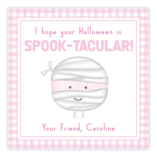 A personalized Halloween gift tag with a cartoon illustration of a mummy in a bandage costume, with the text 'I hope your Halloween is spook-tacular!' and a space for a name and message.