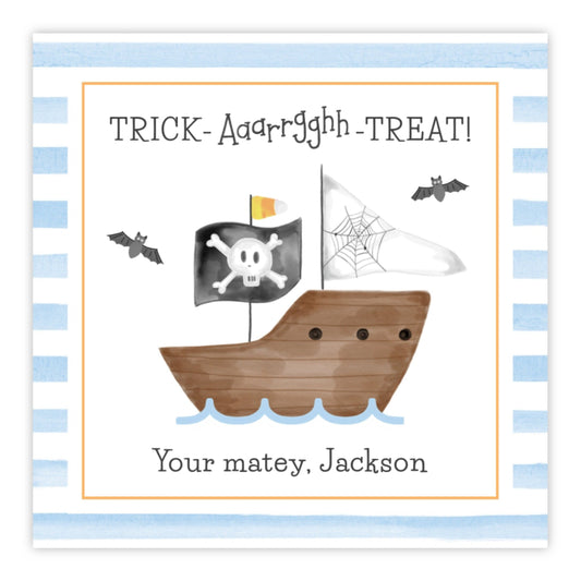 A personalized gift tag with a pirate ship design, featuring the text 'TRICK - AARGH! TREAT!' and customization example with a name and message.
