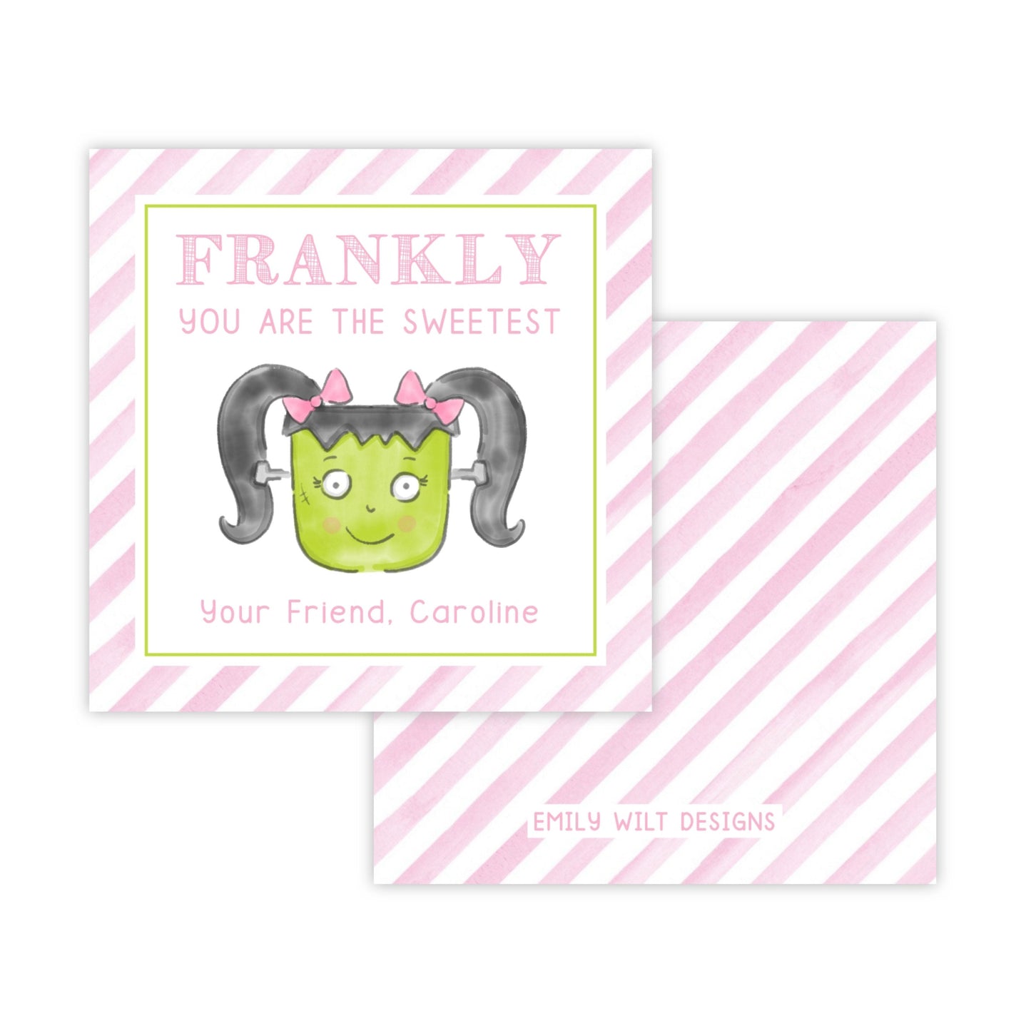 Kids Halloween Tags or Stickers - Frankenstein (Pink)