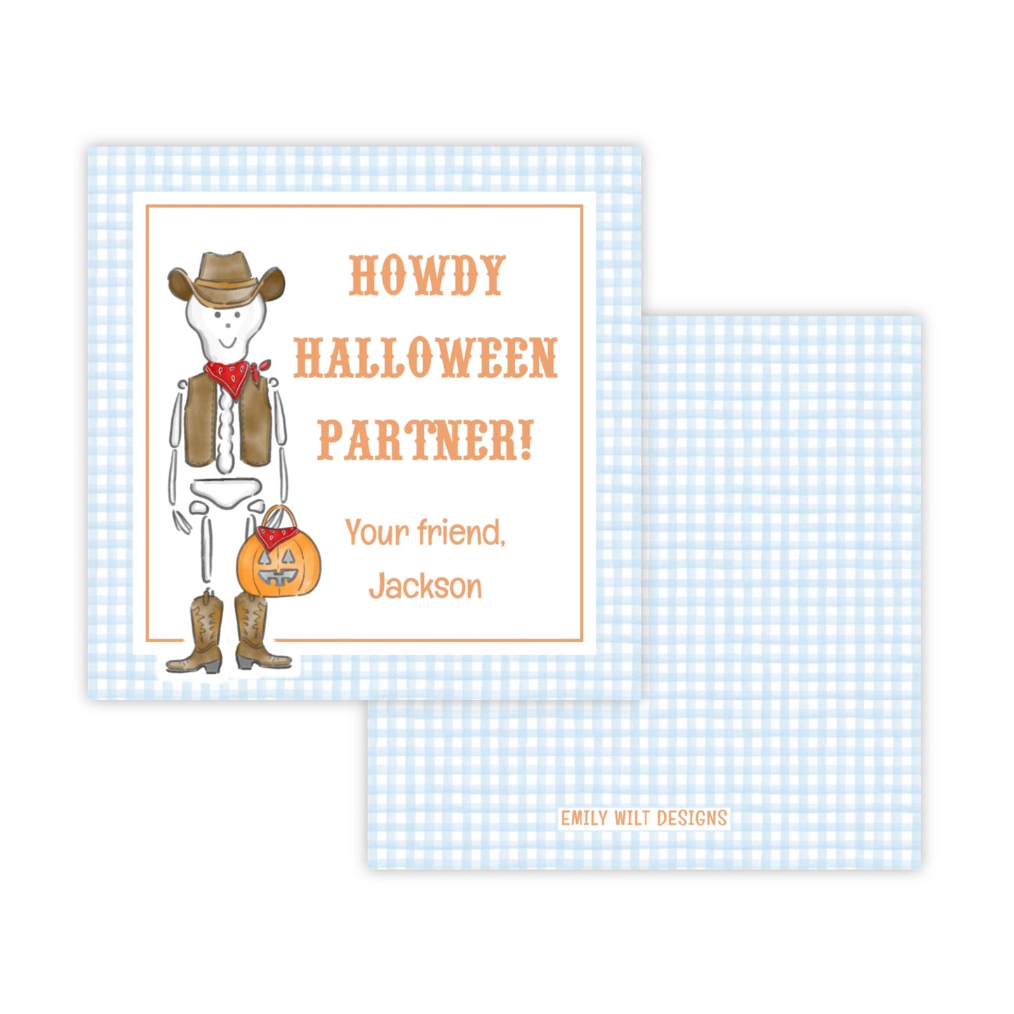 Kids Halloween Tags or Stickers - Howdy Skeleton (Blue)