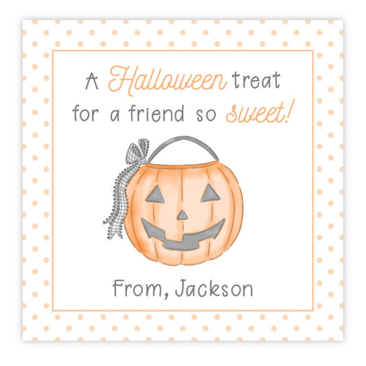 A personalized Halloween gift tag with a pumpkin design, orange background, and a greeting message.