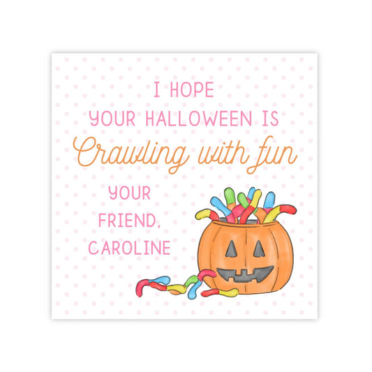 Kids Personalized Halloween Treat Tag - Gummy Worms (Pink)