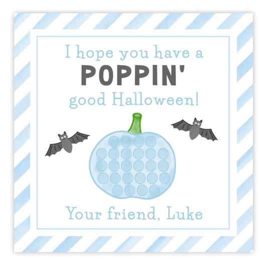 A personalized Halloween gift tag with a blue striped background featuring a pumpkin design, bats, and the text 'I hope you have a POPPIN' good Halloween! Your friend Luke.