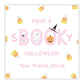 A personalized Halloween gift tag with the word 'BOOK' and a pumpkin, surrounded by candy corn graphics and a pink 'Halloween!' message.