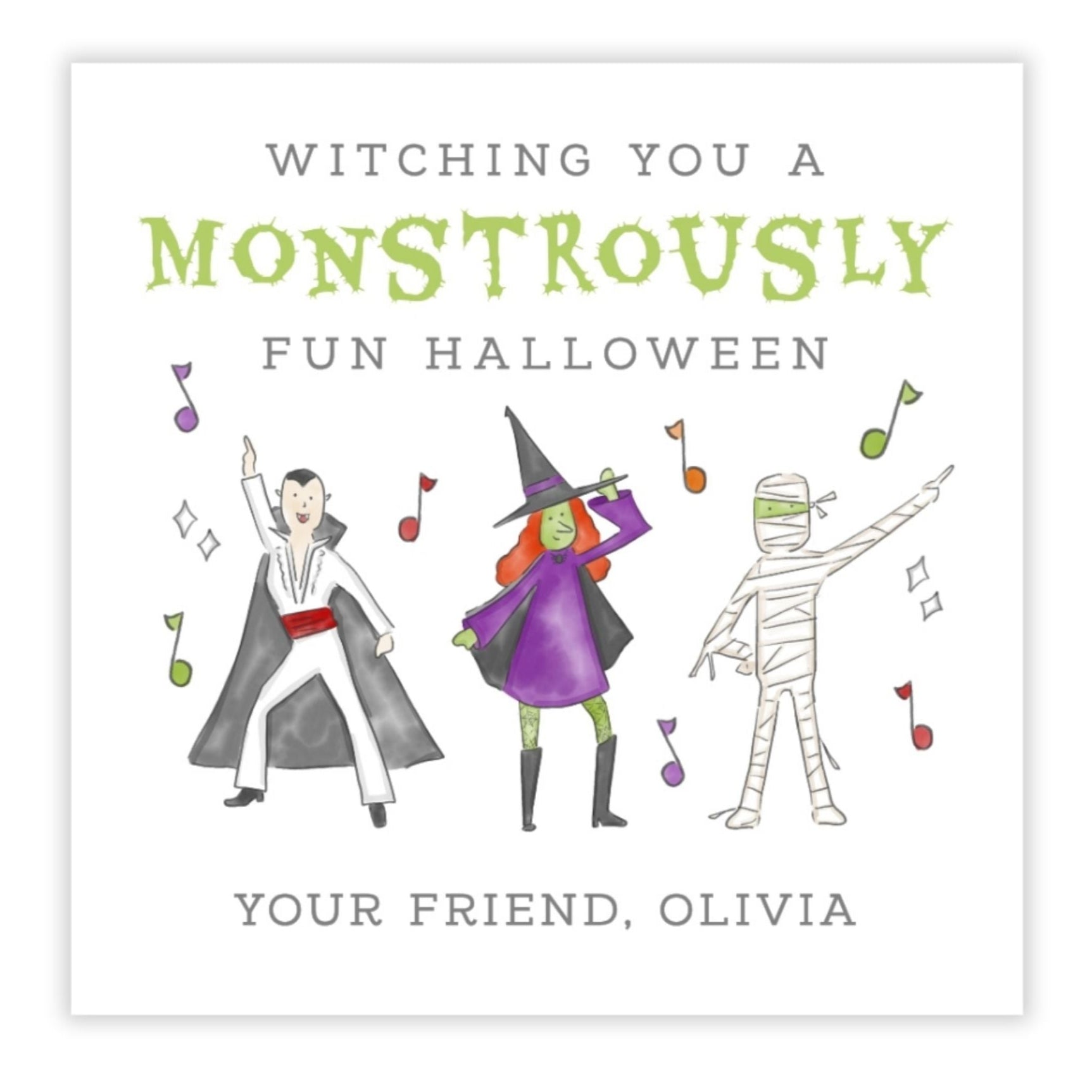 A personalized Halloween gift tag with a cartoon illustration of a witch, a vampire, and a mummy, alongside customizable text for a friend's name and message.