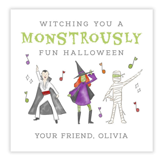 A personalized Halloween gift tag with a cartoon illustration of a witch, a vampire, and a mummy, alongside customizable text for a friend's name and message.
