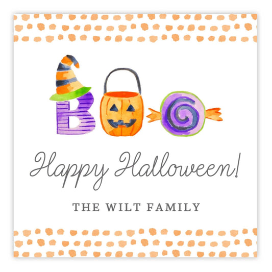 kid halloween tags or stickers featuring boo in decorative halloween letters with happy halloween and an orange polka dot border