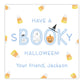 kids halloween tags or stickers featuring watercolor artwork with a candy corn background. text says "boo" with a gingham print and is decorated with halloween themed motifs. Signed with your name.