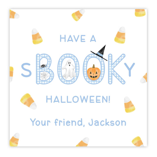 kids halloween tags or stickers featuring watercolor artwork with a candy corn background. text says "boo" with a gingham print and is decorated with halloween themed motifs. Signed with your name.