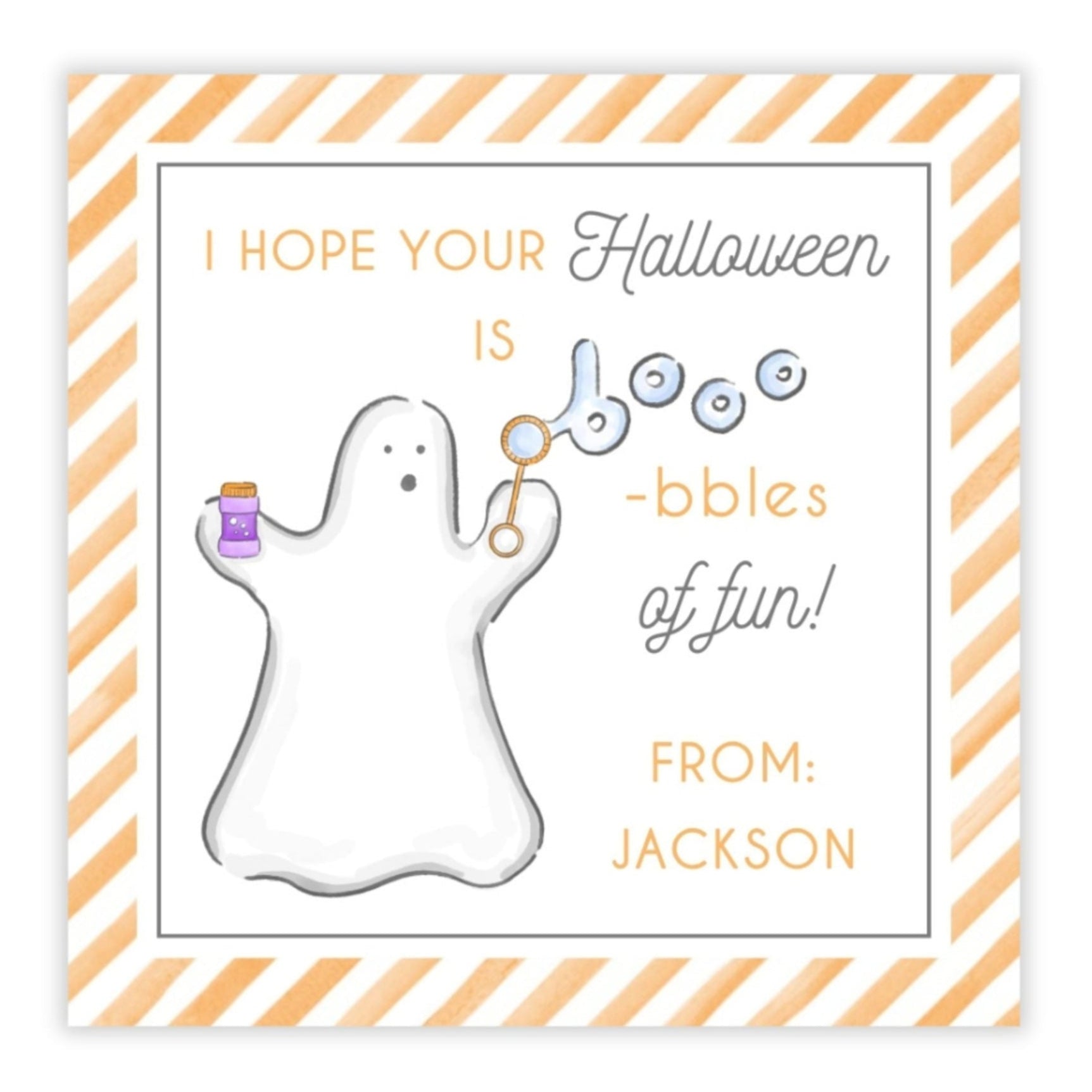 kids halloween tag featuring a ghost blowing bubbles