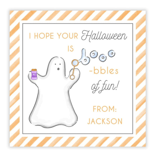 kids halloween tag featuring a ghost blowing bubbles