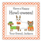 A personalized Halloween gift tag featuring watercolor illustrations of three dogs in costumes and a space for personalization with a name and message.