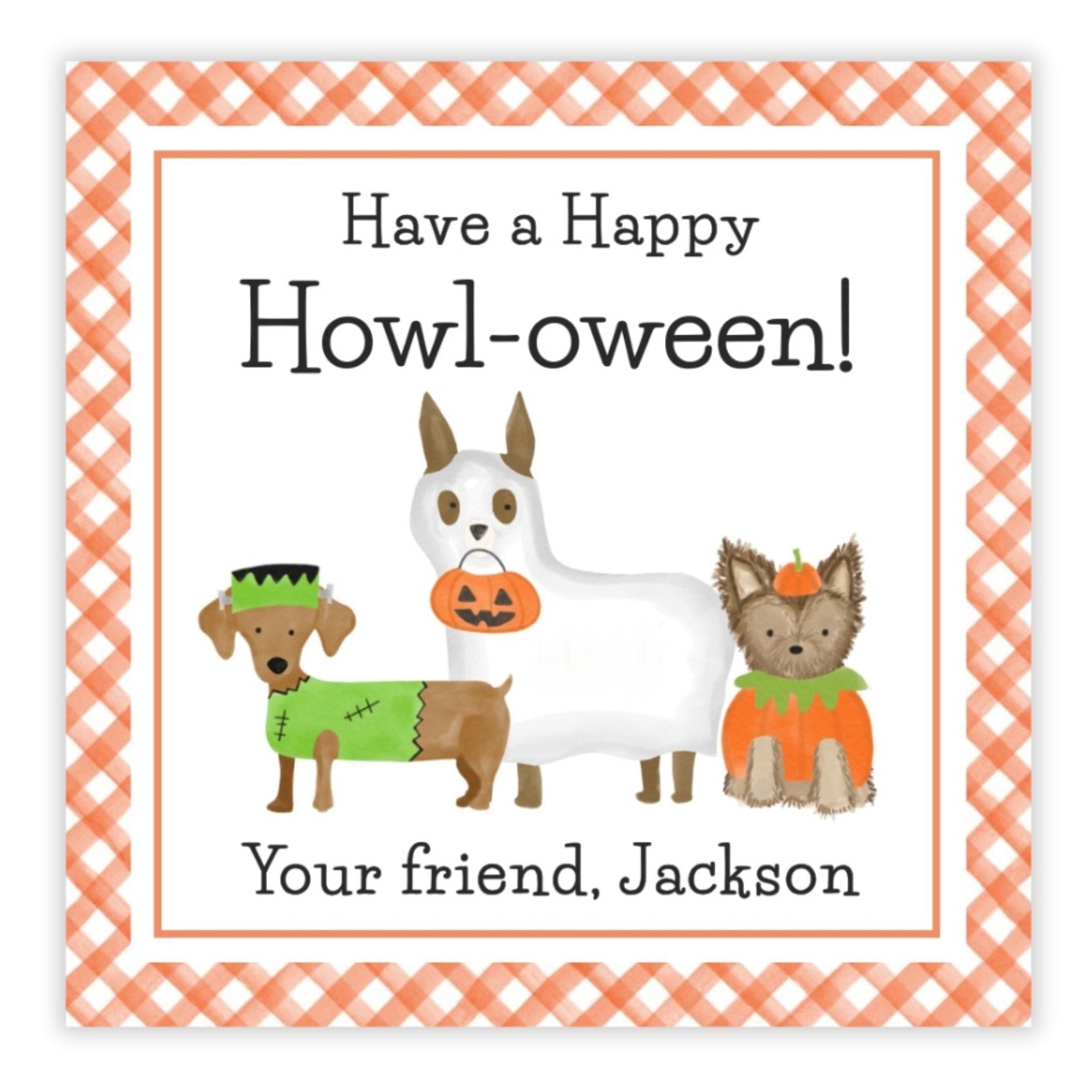 A personalized Halloween gift tag featuring watercolor illustrations of three dogs in costumes and a space for personalization with a name and message.