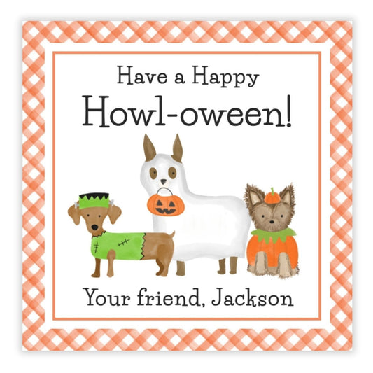 A personalized Halloween gift tag featuring watercolor illustrations of three dogs in costumes and a space for personalization with a name and message.