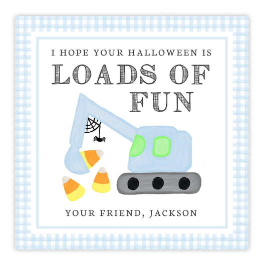 kids halloween tag featuring a light blue gingham border with the text "I hope your halloween is loads of fun" and an excavator digging up candy corn with a spider web on the crane. Personalized with your name.