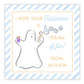 A personalized Halloween gift tag featuring a watercolor illustration of a white ghost holding a blue bottle, with the text 'I hope your Halloween is -bubbles of fun!' and a greeting 'From: Jackson'.