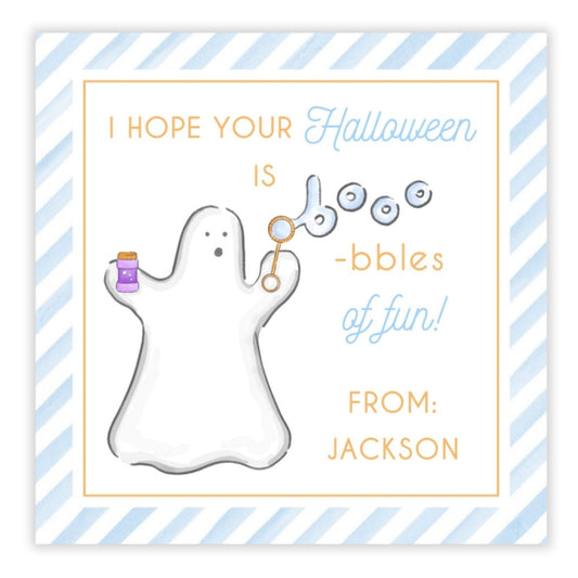 A personalized Halloween gift tag featuring a watercolor illustration of a white ghost holding a blue bottle, with the text 'I hope your Halloween is -bubbles of fun!' and a greeting 'From: Jackson'.