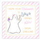 A personalized Halloween gift tag with a watercolor illustration of a white ghost holding a bottle, with pink and orange stripes in the background, and custom text that reads 'I hope your Halloween is -bubbles of fun! From Caroline'.