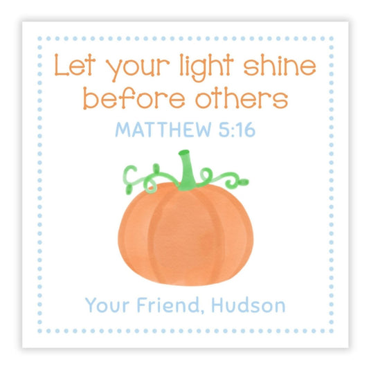 kids halloween gift tag or stickers featuring the bible verse, "Let your light shine before others" - Matthew 5:16, and a pumpkin design with your name