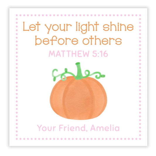 Kids halloween gift tag or stickers featuring the bible verse Matthew 5:16, "Let your light shine before others." Personalized with your name.