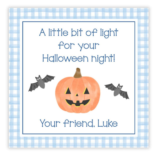 Halloween-themed card with a pumpkin, bats, and text on a blue checkered background