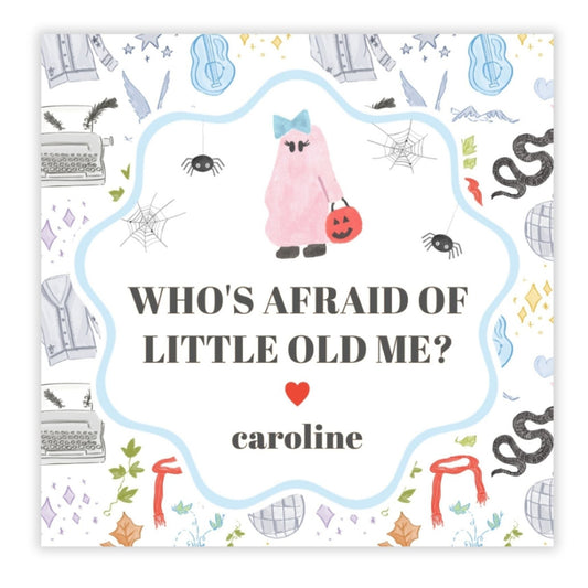 A personalized Halloween gift tag with a watercolor design featuring a pumpkin, spider, and the text 'Who's Afraid of Little Old Me?' along with a heart symbol.