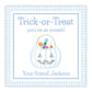 A personalized Halloween gift tag with a blue checkered background, featuring a watercolor illustration of a candy bucket with 'Trick or Treat' text and a personalized message for 'Jackson'.