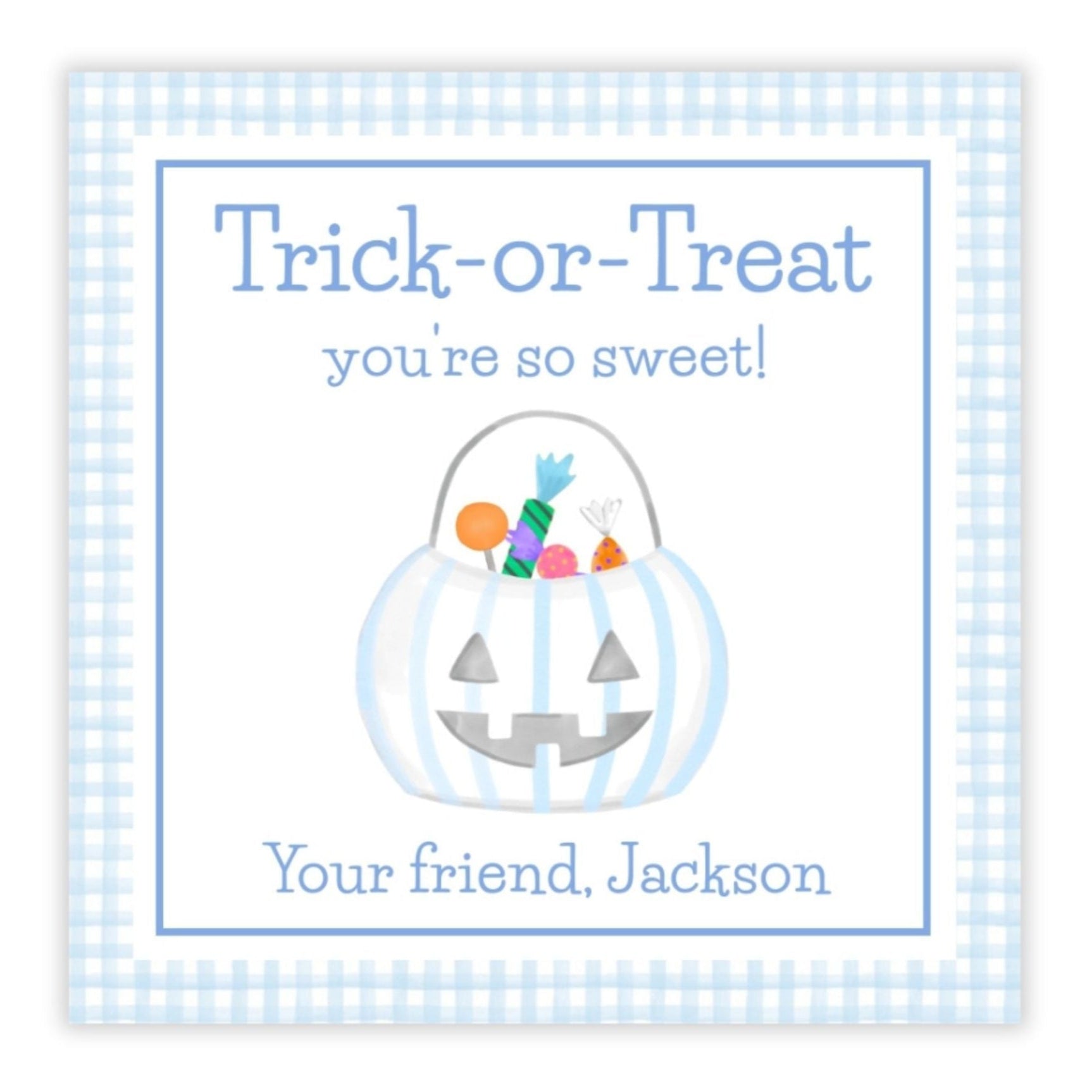 A personalized Halloween gift tag with a blue checkered background, featuring a watercolor illustration of a candy bucket with 'Trick or Treat' text and a personalized message for 'Jackson'.