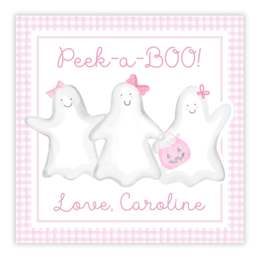 A personalized gift tag with a pink checkered background featuring three white ghost illustrations with pink accents and the ability to add a name and message.