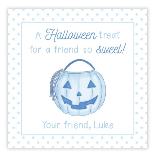 kids halloween tag or stickers featuring a pumpkin candy bucket in blue and the text "a halloween treat for a friend so sweet" and signed with your name.