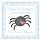 A personalized Halloween gift tag with a watercolor illustration of a spider and the text 'Bugs & Kisses: Happy Halloween!' along with a personalized message for 'Jackson'.