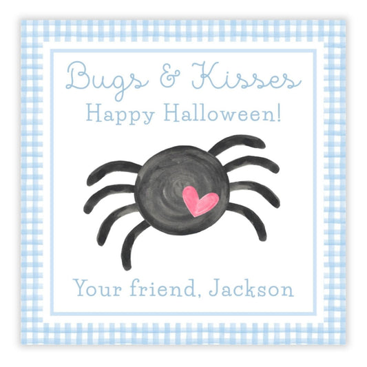 A personalized Halloween gift tag with a watercolor illustration of a spider and the text 'Bugs & Kisses: Happy Halloween!' along with a personalized message for 'Jackson'.