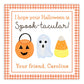 kids halloween gift tag or stickers featuring a pumpkin, ghost, and candy corn and an orange gingham border with the text "I hope your halloween is spectacular" and your personalization at the bottom